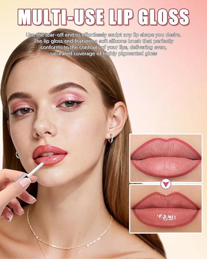 Dual Ended 2 in 1 Peel Off Lip Stain & Lips Gloss Kit, Waterproof Long Lasting Qiciy Tattoo Lip Gloss Color Peel Off Lips Liner, Tinted Liquid Lipstick, Matte & Glossy Womens Makeup-01 Fuchsia Pink