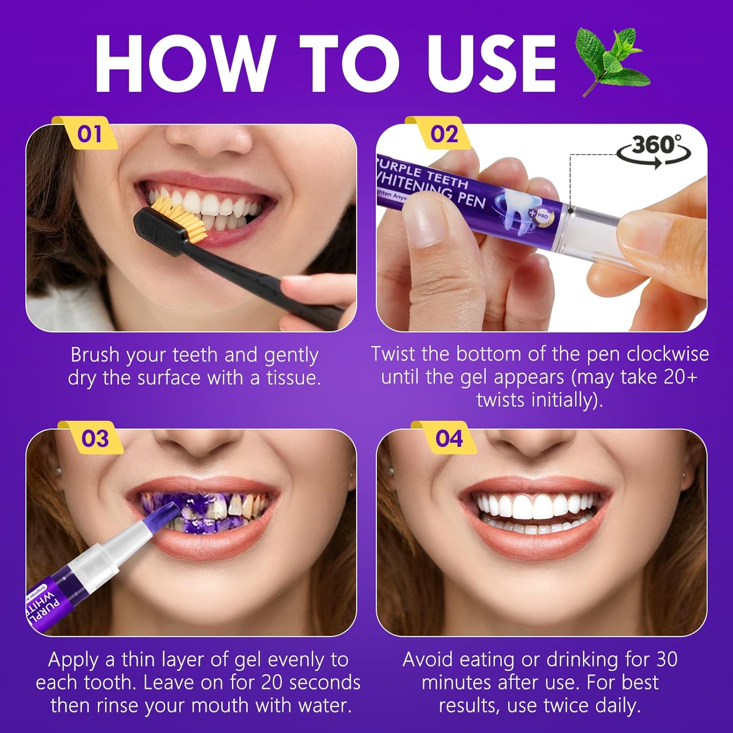 Purple Teeth Whitening Pen, 6PCS Teeth Whitening Gel Essence, Gentle Formula, No Sensitivity Snow Teeth Whitener Gel Kit for a Brighter Smile