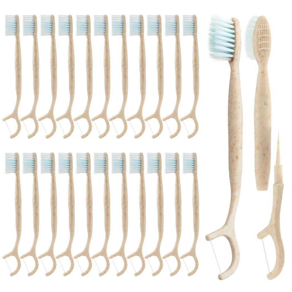 Travel Toothbrush Dental Floss Picks - 4 in 1 Biodegradable Disposable Toothbrushes with Tongue Scraper, Eco-Friendly Individually Wrapped Toothbrush for Adult Kids Travel Oral Care, 20 Pack