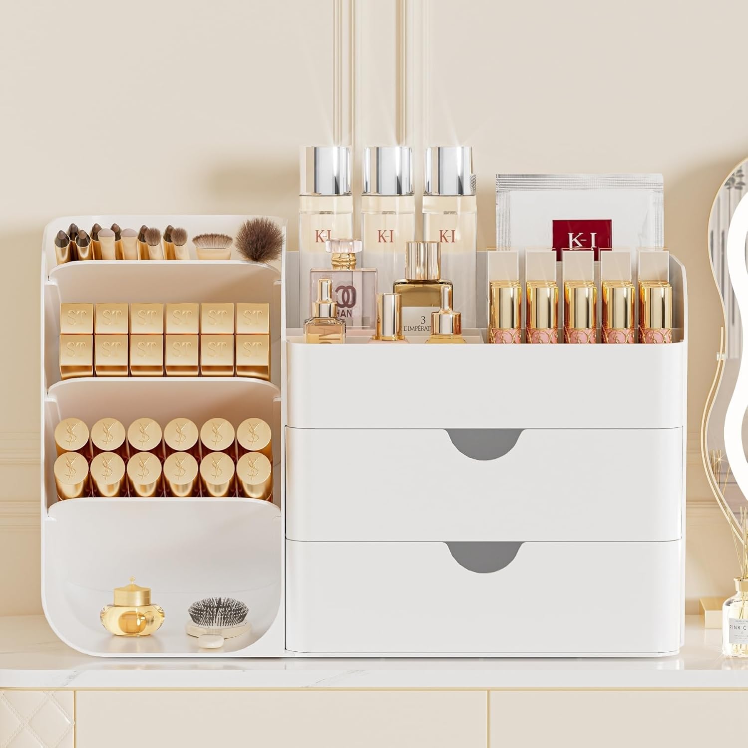 Makeup Organizer with Drawers,Large Capacity Countertop Organizer for Vanity,Bathroom and Bedroom Desk Cosmetics Organizer,Easy To Storage Skincare,Brushes, Eyeshadow,Lipstick (All White, Large)