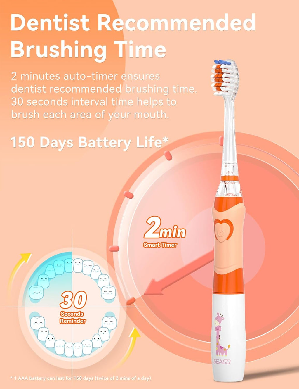 SEAGO Kids Electric Toothbrush with 2 Mins Brushing Timer and 4 Replacement Bursh Heads, Rainbow LED Light Make Brushing Fun, Boys Battery Powerd Toothbrush for 4-12 Years Old，SG-977(Orange)