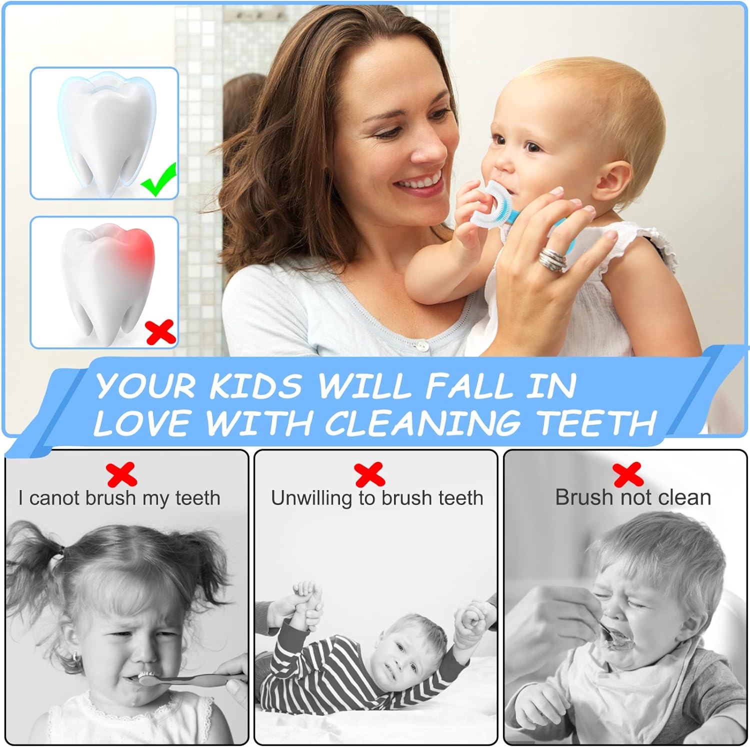 4 Pack U Shaped Toothbrush Kids, Soft Silicone Brush Head Whole Mouth with Handle 360 ° Oral Teeth Cleaning Design for Toddler Toothbrushes Age 2-6