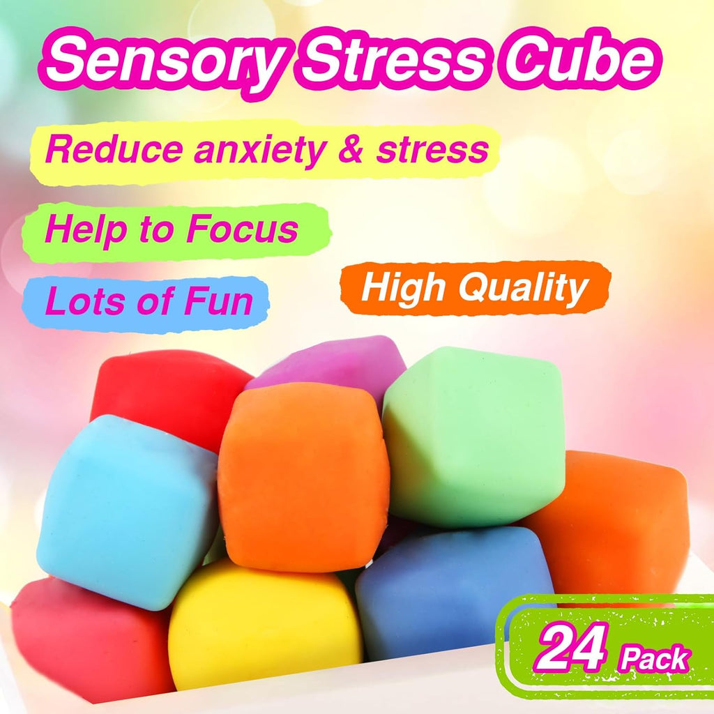 24 Pack Slow Rising Stress Cube , Dough Stress Balls Soft Fidget Squishy Toys for Anxiety Relief, Pull Stretch Classroom Prize Party Favors Toys for Kids