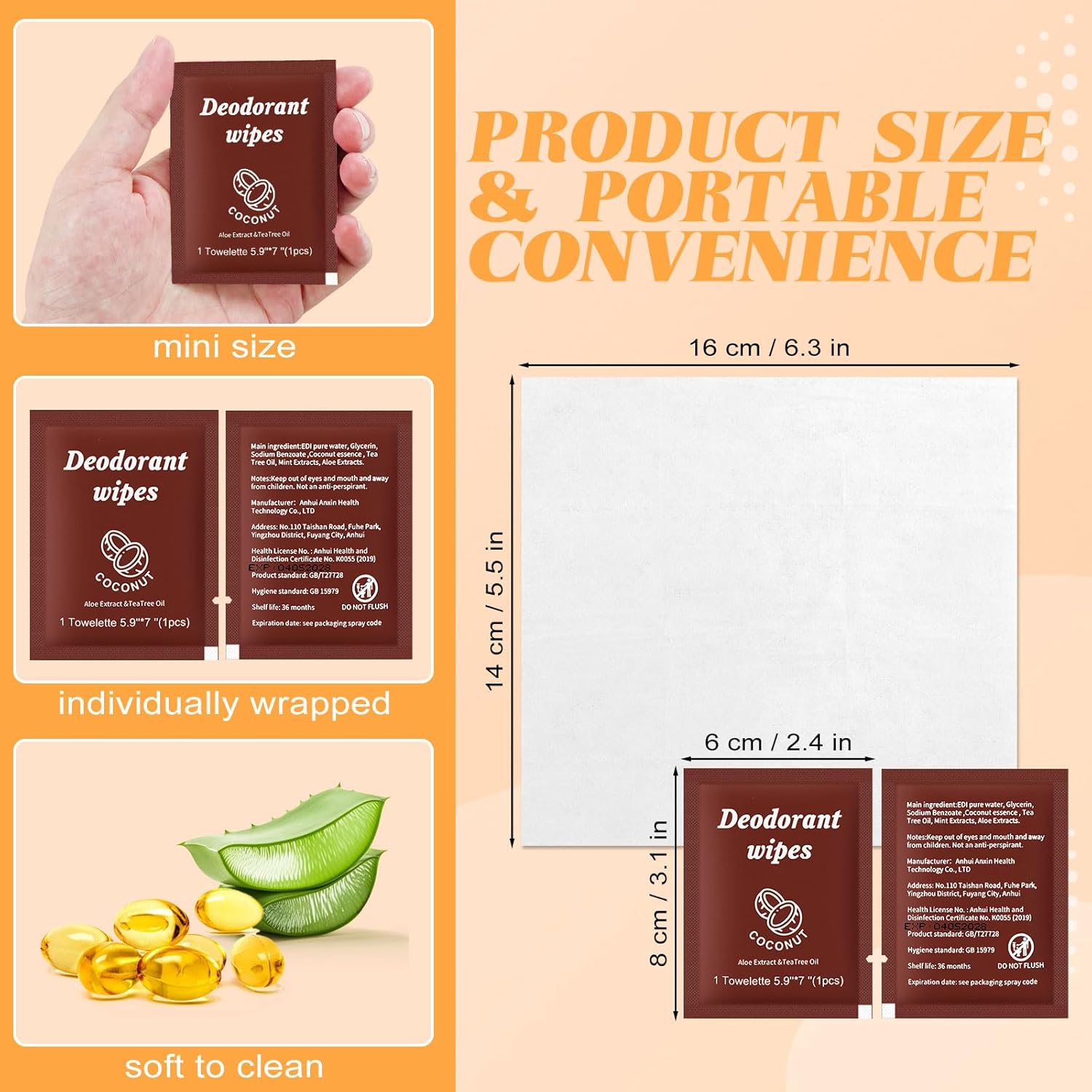 Travel Deodorant Wipes Individually Wrapped,Body Wipes to Clean Skin for Women Men（Coconut,pack of 100)