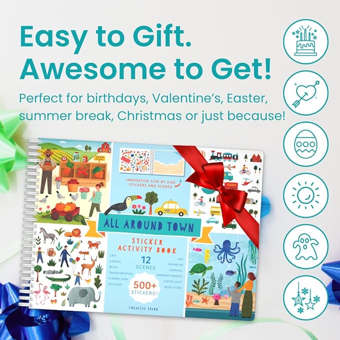 CUPKIN Sticker Book for Kids 2-4, 500+ Kids Stickers, All Around Town 12 Coloring Pages, 12 Side by Side Scenes, Fun Toddler Travel Activity Coloring and Sticker Books for Ages 4-8 + 8-10