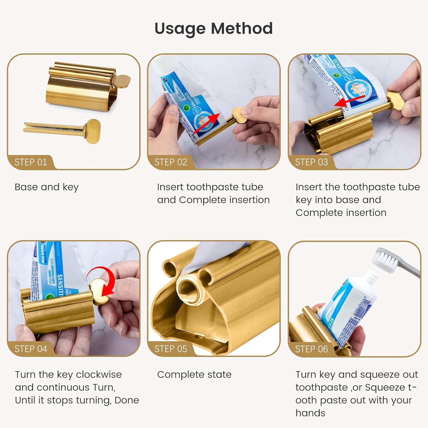 LOVEINUSA Toothpaste Tube Squeezer Dispenser, 2PCS Toothpaste Roller Squeezer Tool Stainless Steel Tooth Paste Holder for Bathroom, Matt Gold