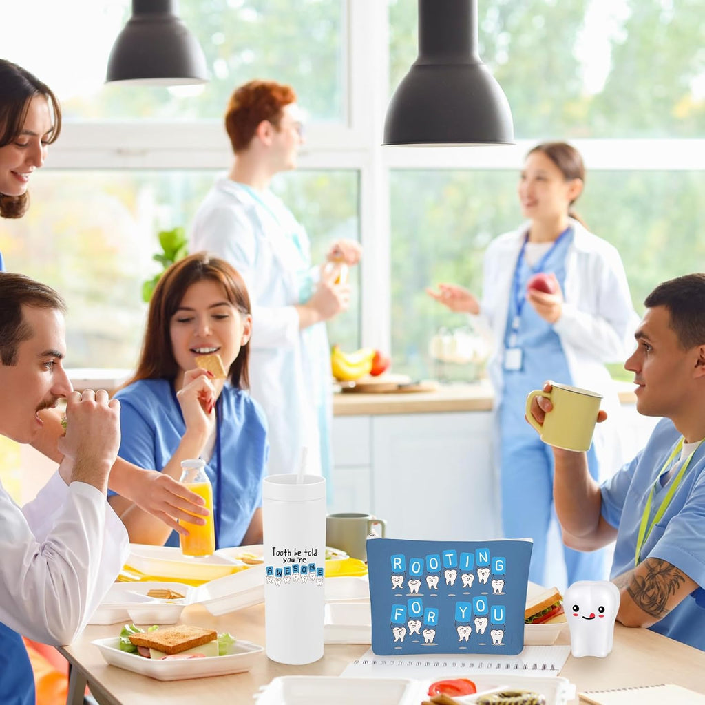 Skylety 3 Pcs Dental Hygiene Month Gifts Dental Assistant Hygienist Appreciation Gift 16oz Tumbler with Lid Cute Teeth Makeup Bag Stress Toy Employee Thank You Dentist Coworker Nurse Student(White)