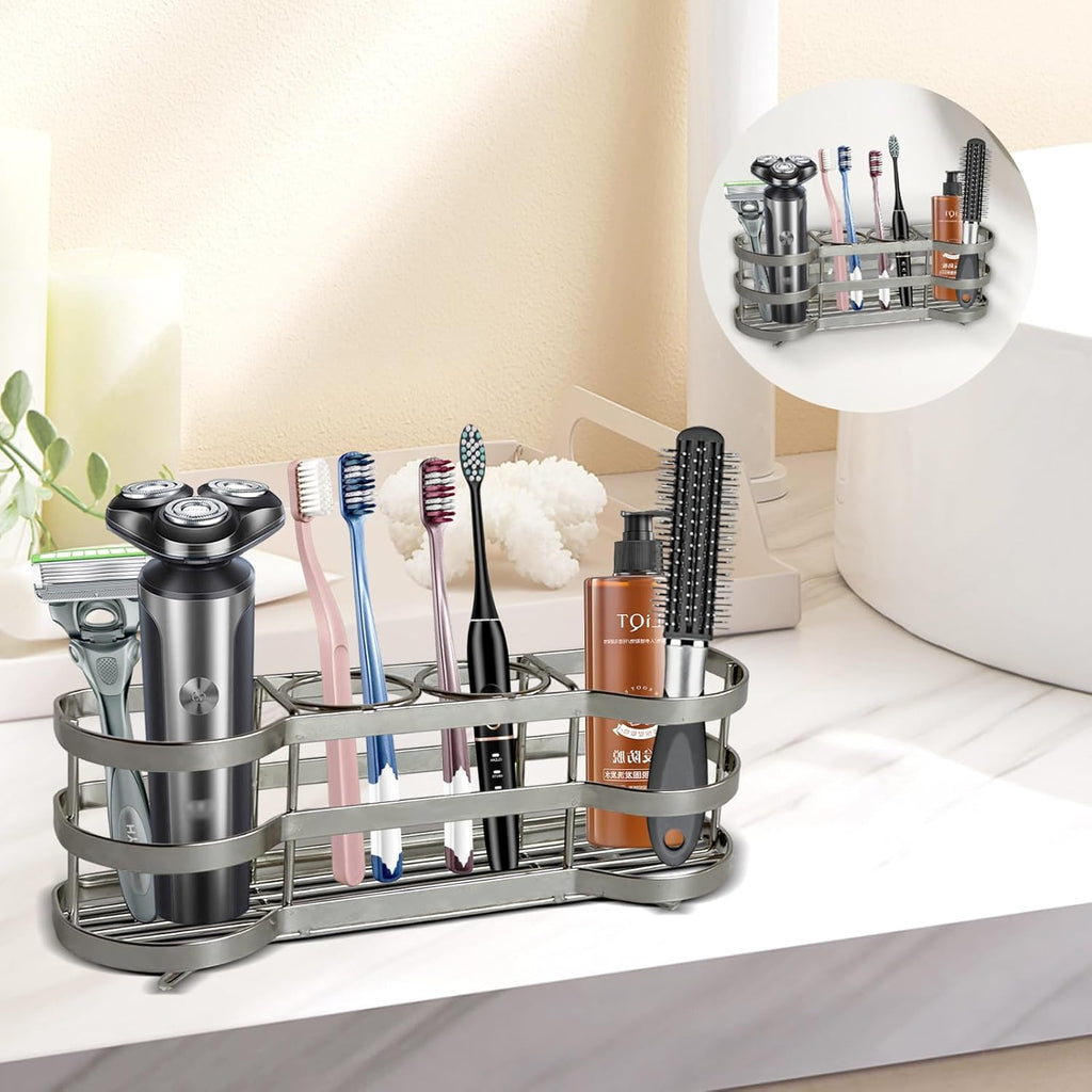 Wall Mount Toothbrush Holder for Shower Stainless Steel Toothbrush Stand, Self-Adhesive Wallmount/Countertop 4 Slots Bathroom Accessories Organizer (Silver 1)