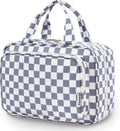Narwey Travel Toiletry Bag for Women Large Hanging Makeup Bag Organizer Toiletries Bag for Full Size Essentials Accessories Cosmetics (Grayish Blue Checkerboard (Large))