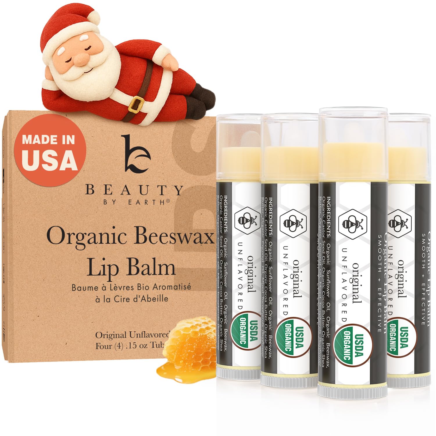 USDA Organic Lip Balm - USA Made with Natural Ingredients, Mens Stocking Stuffers, 4 Pack Unflavored Chapstick for Dry Lips, Beauty Birthday Gifts for Her & Him, Lip Moisturizer, Gift Ideas
