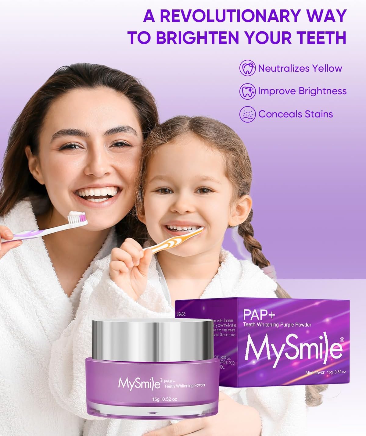 MySmile Pap Natural Mint Non-Sensitive Teeth Whitening Powder Cavity Prevention Little Foam for Cleaning Tooth Fresh Breath Care Oral Alternative Fluoride Free Toothpaste -1.04 oz (Bright Purple)