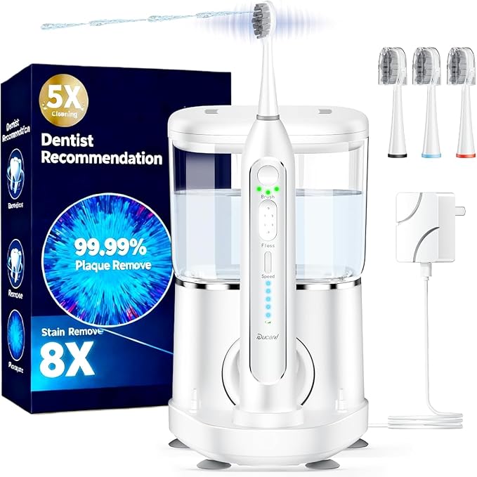 Electric Toothbrush with Water Flossers for Adults, Upgrade Flossing Toothbrush Combo, 5 Floss Speeds&3 Brush Modes, 500mL Tank, 30-Day Battery, for Adults & Teens, Gums, Braces, Dental Care, White