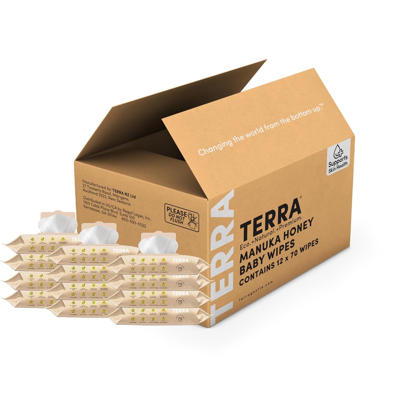 Terra Bamboo Baby Wipes: Manuka Honey, 99.5% Pure New Zealand Water, 100% Biodegradable Bamboo Fiber, 0% Plastic, Unscented Baby Wipes for Sensitive Skin, 12 Packs of 70 Wipes