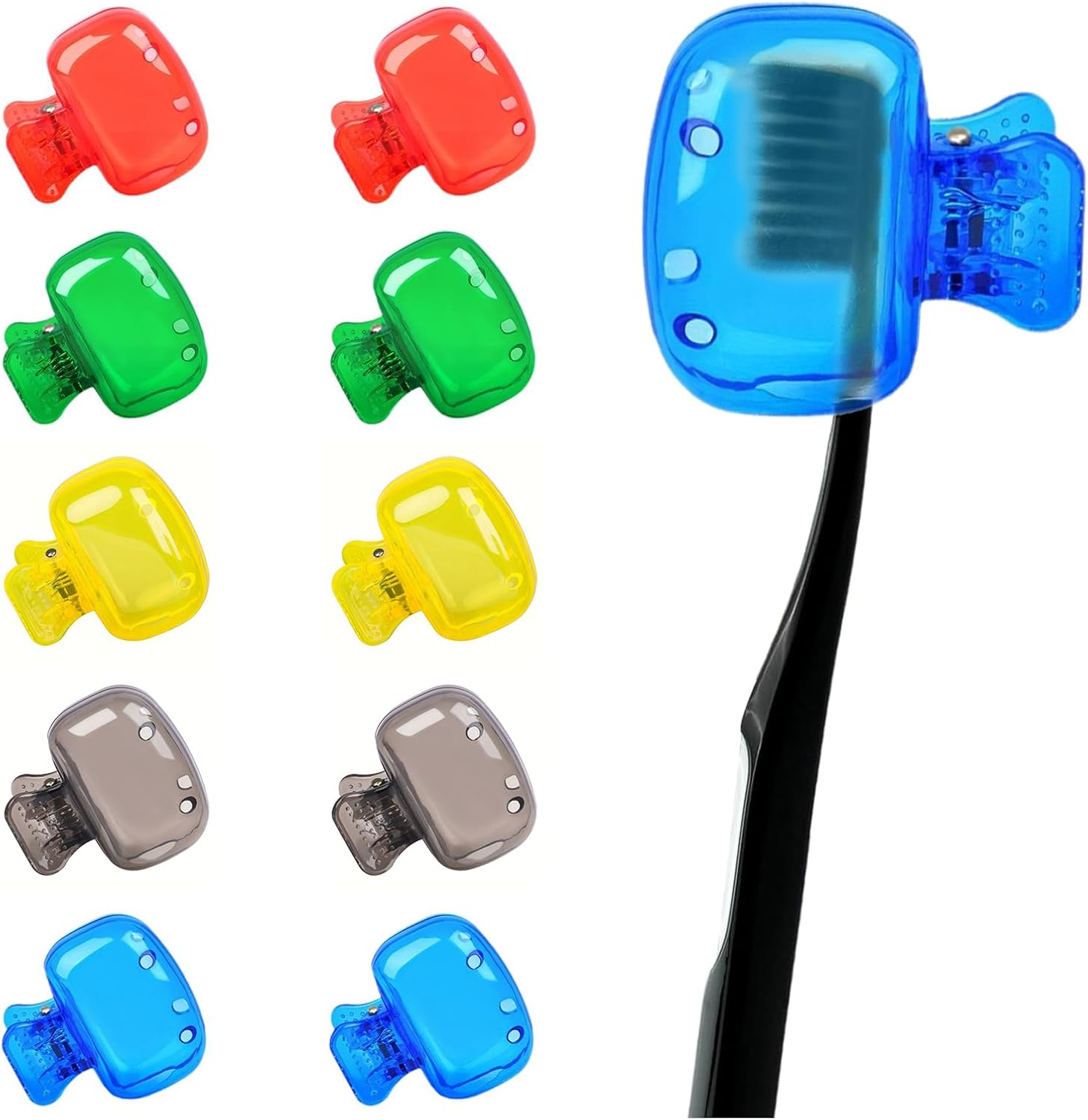 Zoyiancy 10pcs Toothbrush Cover, Toothbrush Protector Case, Travel Tooth Brush Head Pod Case, Toothbrush Cap Plastic Clip for Household Bathroom School (Grey, Blue, Red, Green, Yellow)
