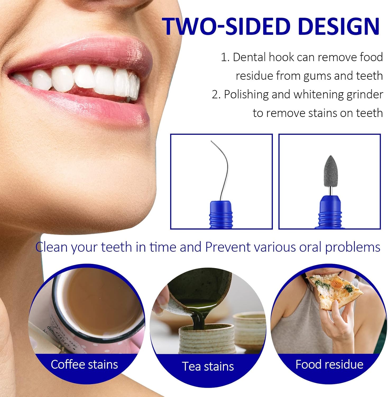 Portable Travel Toothpick Dental Tool, Stainless Steel Toothpick and Emery Stain Eraser, Metal Toothpick, Teeth Cleaning Plaque Remover Stain Remover with Chain (2)