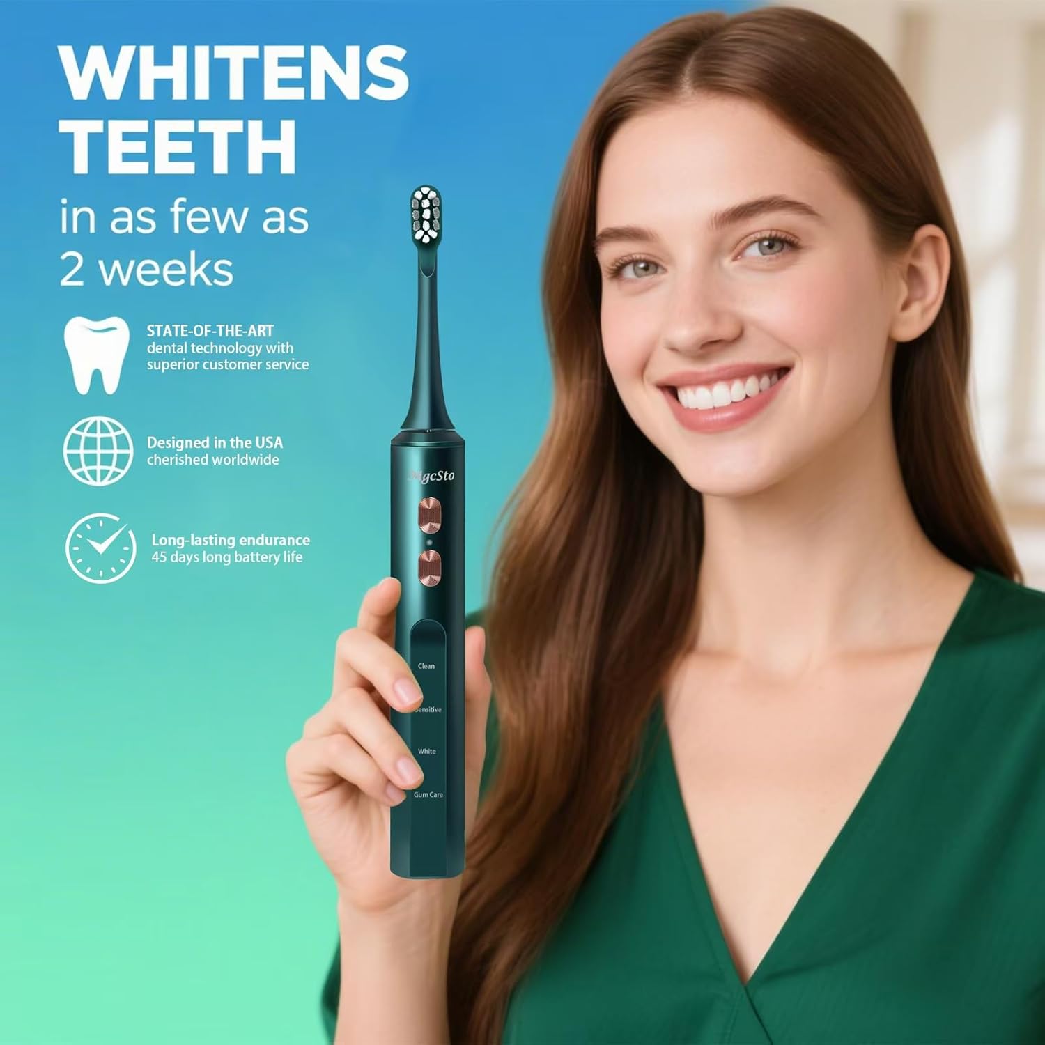 Electric Toothbrush w UV Sanitizer Cup - 4 Modes and 3-Speed Switching - Powerful Toothbrush - 48,000 VPM Motor and Wireless Charging w Smart Timer (Green)