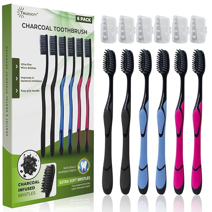 Charcoal Toothbrush 6 Pack, Natural Teeth Whitening Solution - Ultra Soft Tooth Brush - Gentle, Slim Brush Head - Black Toothbrushes for Adults Working Great with Activated Charcoal Toothpaste