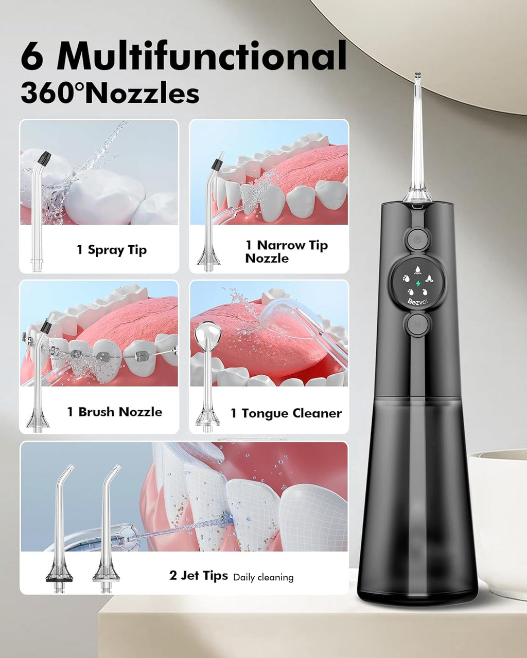 Water Flosser Teeth Pick: 300ML & LED Display 5 Modes Rechargeable Dental Flossers for Braces,Sensitive Gums, Portable Flossing for Teeth Cleaning, IPX7 Waterproof Cordless for Home Travel Use