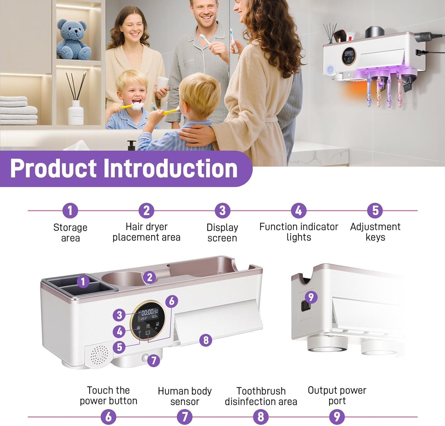 Werhoo Toothbrush Holders for Bathrooms 4 Slots. Hair Dryer Holder, UV Toothbrush Holders with Timer Function, with Hand Dryer Function,Supports Nighttime sen/SOR Lighting,Suitable for Home Bathroom