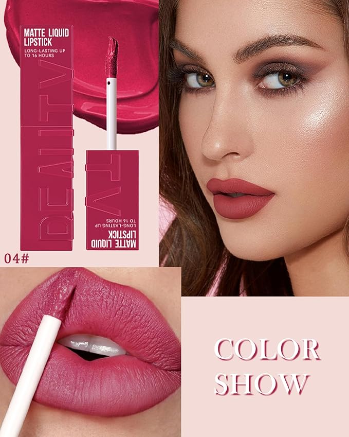 Matte Liquid Lipstick for Women, 1Pcs Highly Pigmented Color Lip Stain Tint, Super Velvet Matte Lip Gloss, Long Lasting Waterproof Smudgeproof, Non-Stick Cup Lip Makeup,Christmas Gift-04# Rose Pink