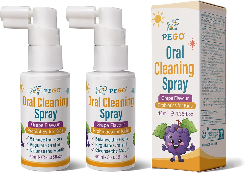 PEGO Kids Oral Spray, Toddler Toothpaste Helper for Daily Oral Care and Fresh Breath, Children Approved with Fluoride Free for Newborn to Preschoolers, Xylitol (40ml*2, Grape)