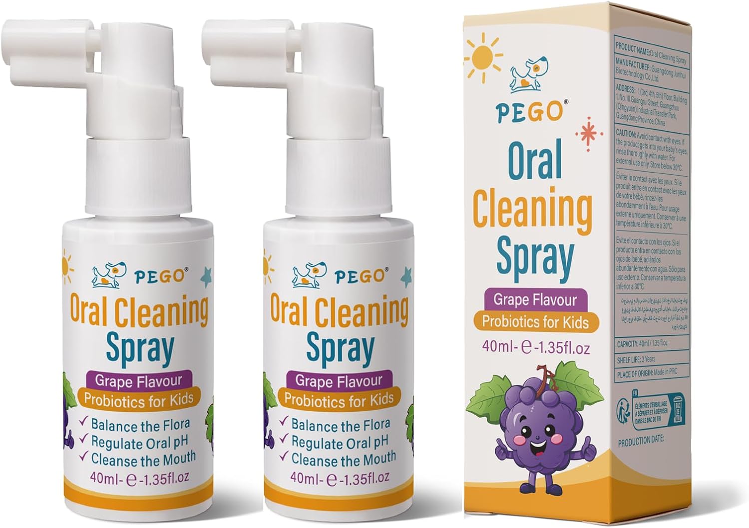 PEGO Kids Oral Spray, Toddler Toothpaste Helper for Daily Oral Care and Fresh Breath, Children Approved with Fluoride Free for Newborn to Preschoolers, Xylitol (40ml*2, Grape)