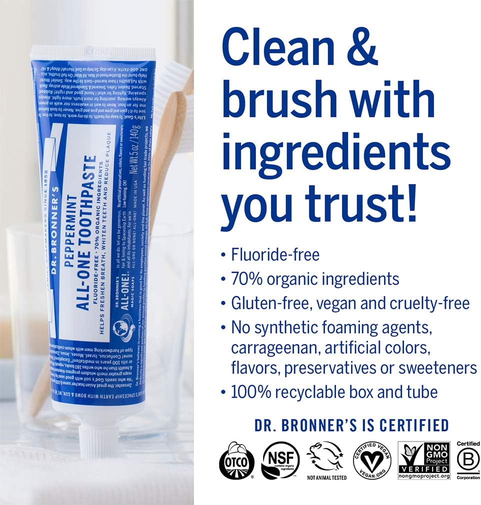 Dr. Bronner's All-One Toothpaste 4-Pack Variety– (Peppermint, Spearmint, Cinnamon, Anise, 5oz Each)– 70% Organic Ingridients, SLS Free Toothpaste, Fluoride Free, Natural, Vegan, for Sensitive Teeth