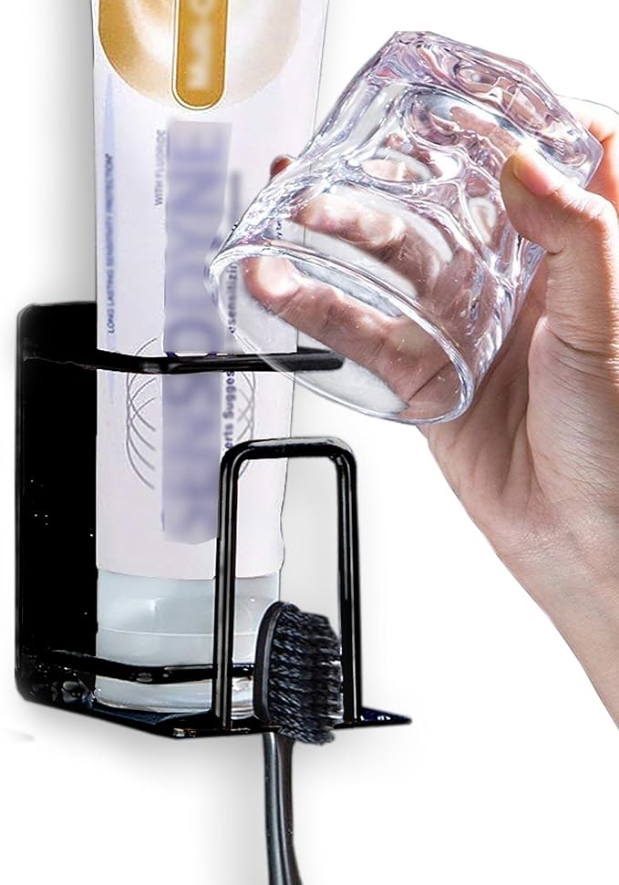HANZE Toothbrush Holder, 304 Stainless Steel Adhesive Wall Mounted Toothbrush Holder with 3-in-1 Function: Toothpaste, Toothbrush, and Rinse Cup Organizer - Black