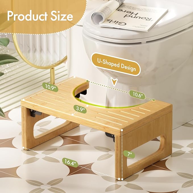 AmazerBath 7 Inches Bamboo Toilet Stool, Foldable Squat Potty Stool for Adults, Non-Slip Poop Stools for Bathroom, 0.79" Thickness Pooping Step Foot Stools for Kids, Natural Color