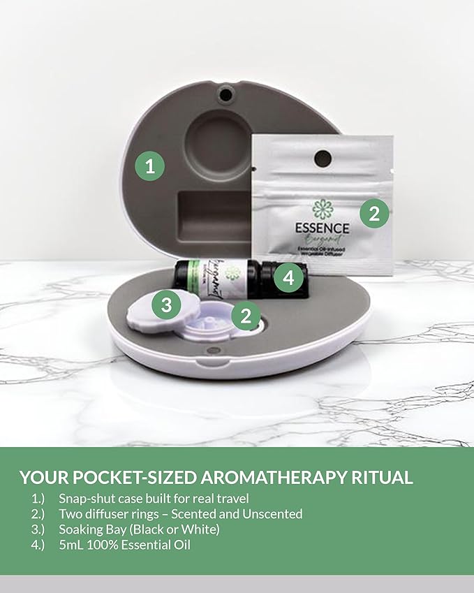 Essence Pearl Travel Case - Wearable Aromatherapy Kit with Nasal Diffuser Rings, Soaking Bay, and 5mL Essential Oil – Portable Wellness Gift Set for On?The?Go Self Care