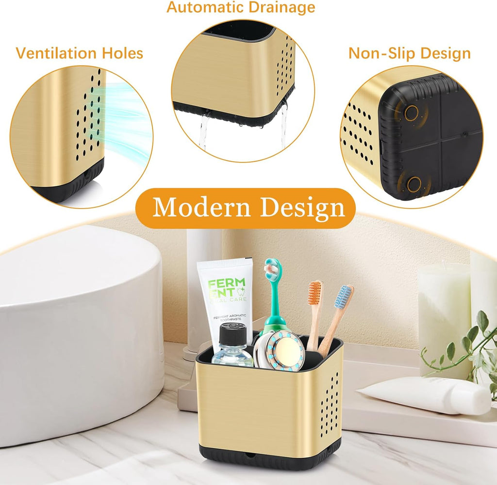 Toothbrush Holders for Bathrooms, Tooth Brush Holder for Bathroom Countertop Organizer, Kids Electric Toothbrush and Toothpaste Holder (Brushed Gold)