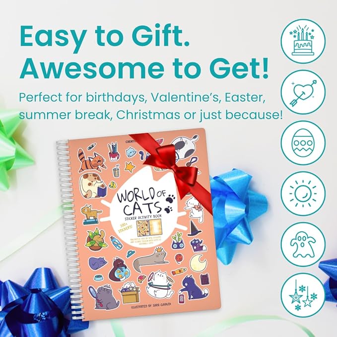 Cupkin Cat Sticker Book Activity for Kids, Toddler Airplane Travel Essentials, 300+ Kitten Stickers for Kids + 8 Scenes + Coloring Book Pages, Cat Lover Gift, Children's Crafts Ages 2-8