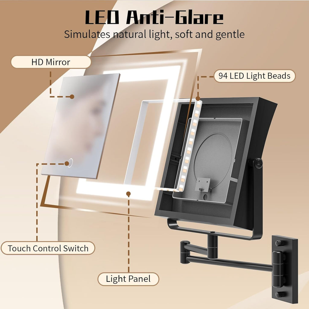 Wall Mounted Makeup Mirror with Lights 4000mAh Rechargeable Double Sided 1X/10X Magnifying Lighted Vanity Mirror with 3 Color Lights & Touch Dimmable 360° Rotation Extension Swing Arm for Bathroom