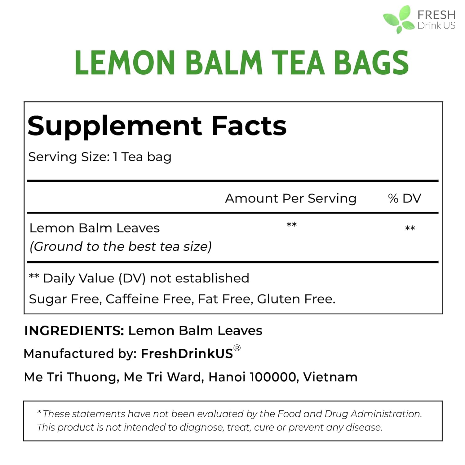 FreshDrinkUS, Lemon Balm Tea Bags | 75 Count |100% Pure Melissa officinalis – Naturally Calming Herbal Tea | Caffeine-Free, Premium Quality, Refreshing Flavor, Sustainably Sourced