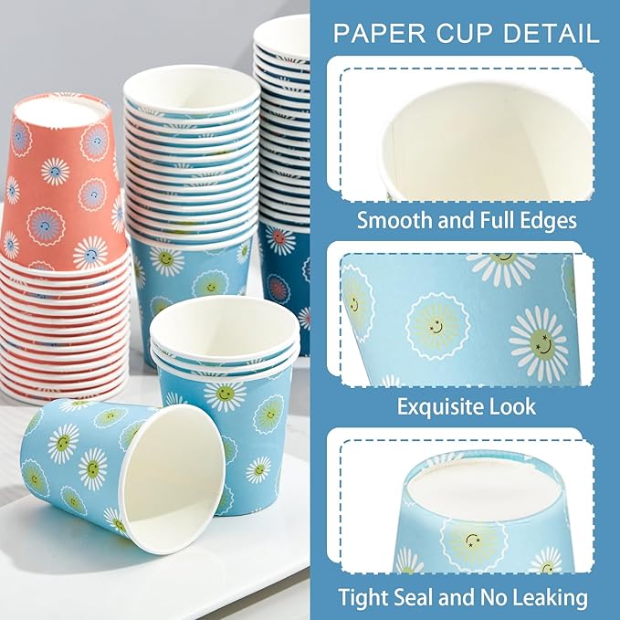 SIUQ 300 Pack 3 oz Paper Cups, Disposable Bathroom Cups, Small Mouthwash Cup, Hot/Cold Beverage Drinking Cups, Mini Paper Cups for Bathroom, Birthday Party, Travel, Events, Picnic, BBQ (Daisy)