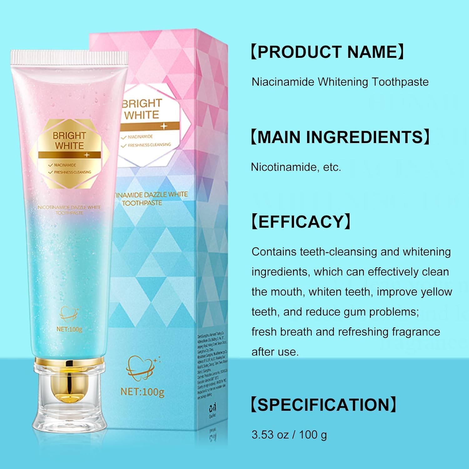 Hotlock Niacinamide Whitening Toothpaste - Brightening, Stain Removal, Freshening Breath Whitens Teeth, Protects Tooth Enamel, Freshens Breath 24 Hours 3.53oz.