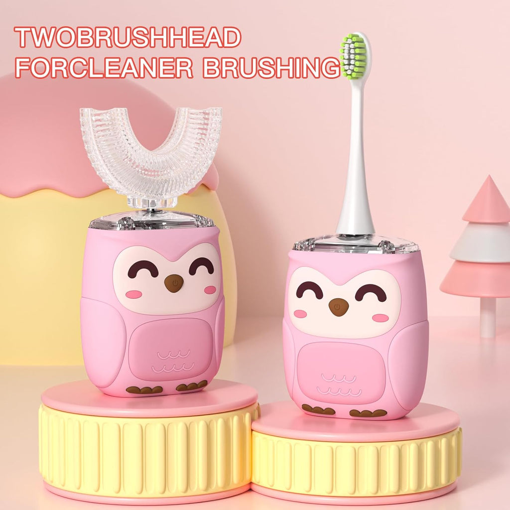 Kids Electric U Shaped Toothbrush Kids Sonic Toothbrush with 4 Soft Brush Head Automatic Full Mouth 6 Cleaning Mode-(Age2-7 Pink)