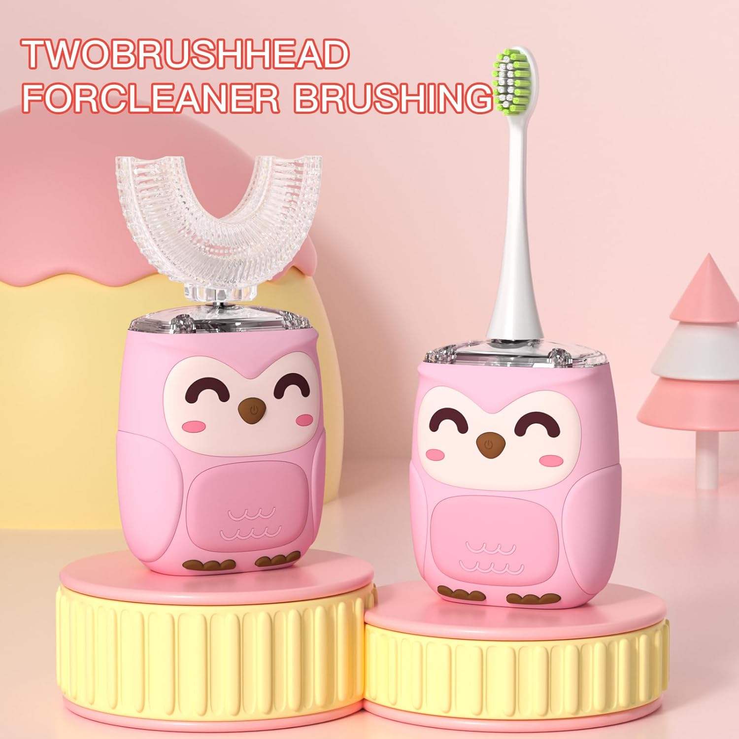 Kids Electric U Shaped Toothbrush Kids Sonic Toothbrush with 4 Soft Brush Head Automatic Full Mouth 6 Cleaning Mode-(Age2-7 Pink)