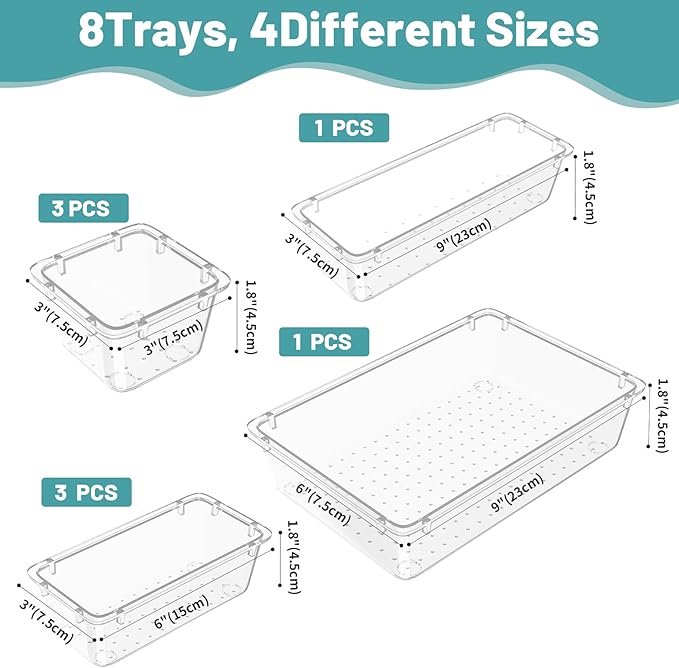 WOWBOX 8 PCS Clear Plastic Drawer Organizer Set, 4 Sizes Desk Drawer Organization and Storage Containers for Makeup, Cosmetics, Jewelry and Gadgets in Kitchen, Bathroom, Bedroom, Office, Clear