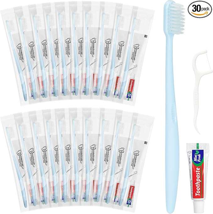 Disposable Toothbrushes with Toothpaste, Travel Toothbrush Kit, Individually Packaged, Light Blue, with Floss Picks, Suitable for Hotel, Home, Camping, Travel (30-Pack)
