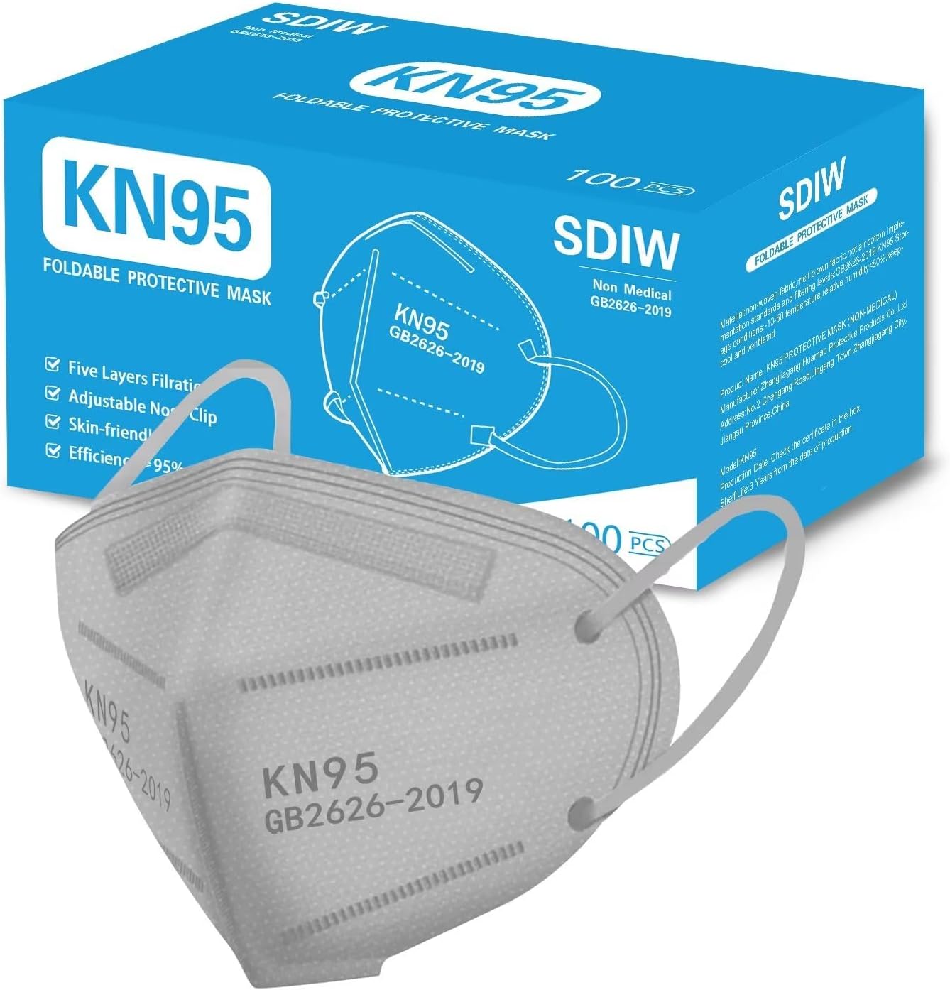 100PCS KN95 Face Masks 5 Layer Filter Efficiency≥95% with Elastic Ear Loop and Nose Bridge Clip Breathable Mask Grey