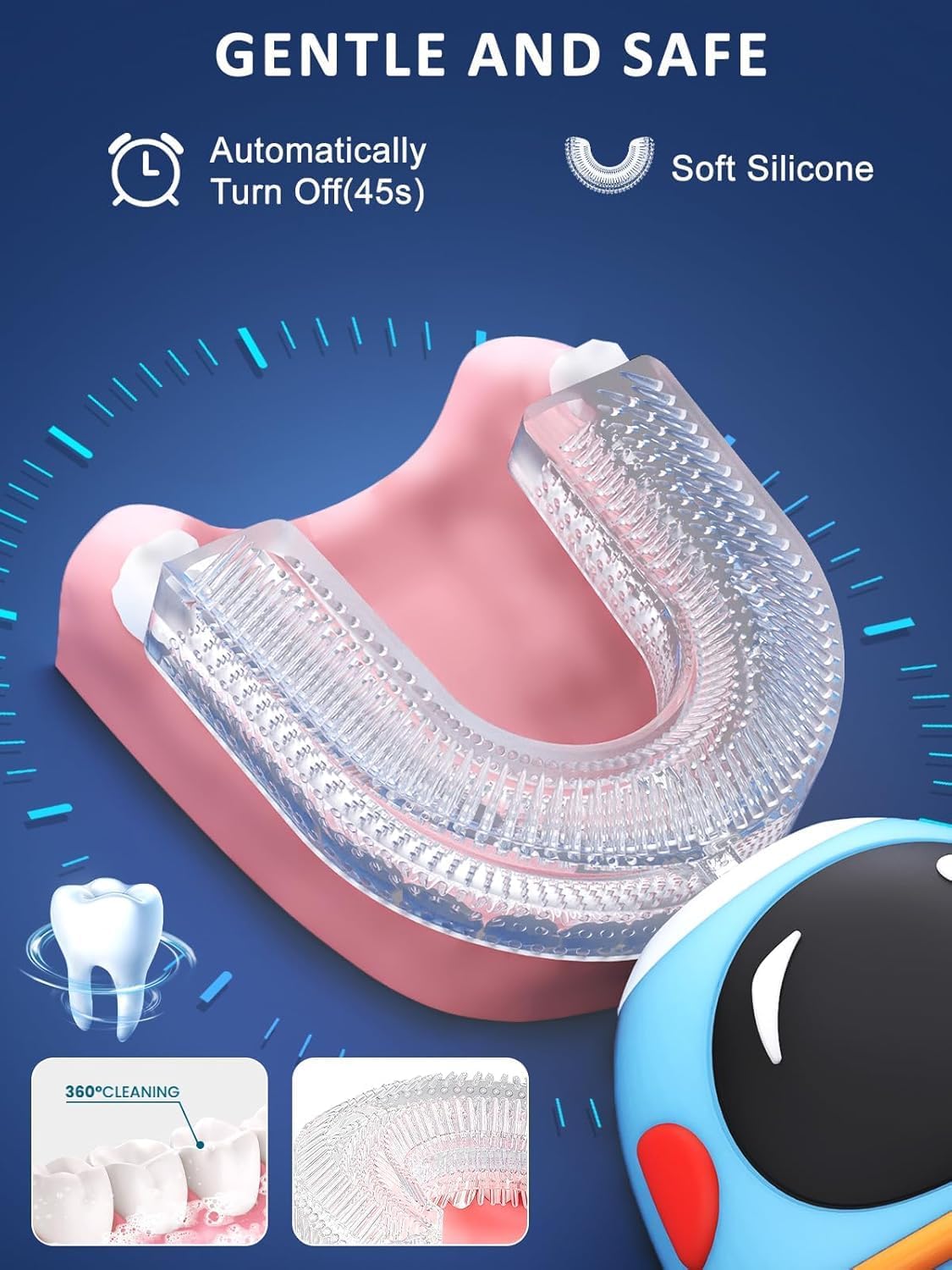 FTOYIN Kids Electric Toothbrush with 3 Brush Heads, U Shaped Ultrasonic Toothbrush Kids with 5 Modes, 45s Smart Reminder, 360-Degree Automatic Cleaning, IPX7 Waterproof Design