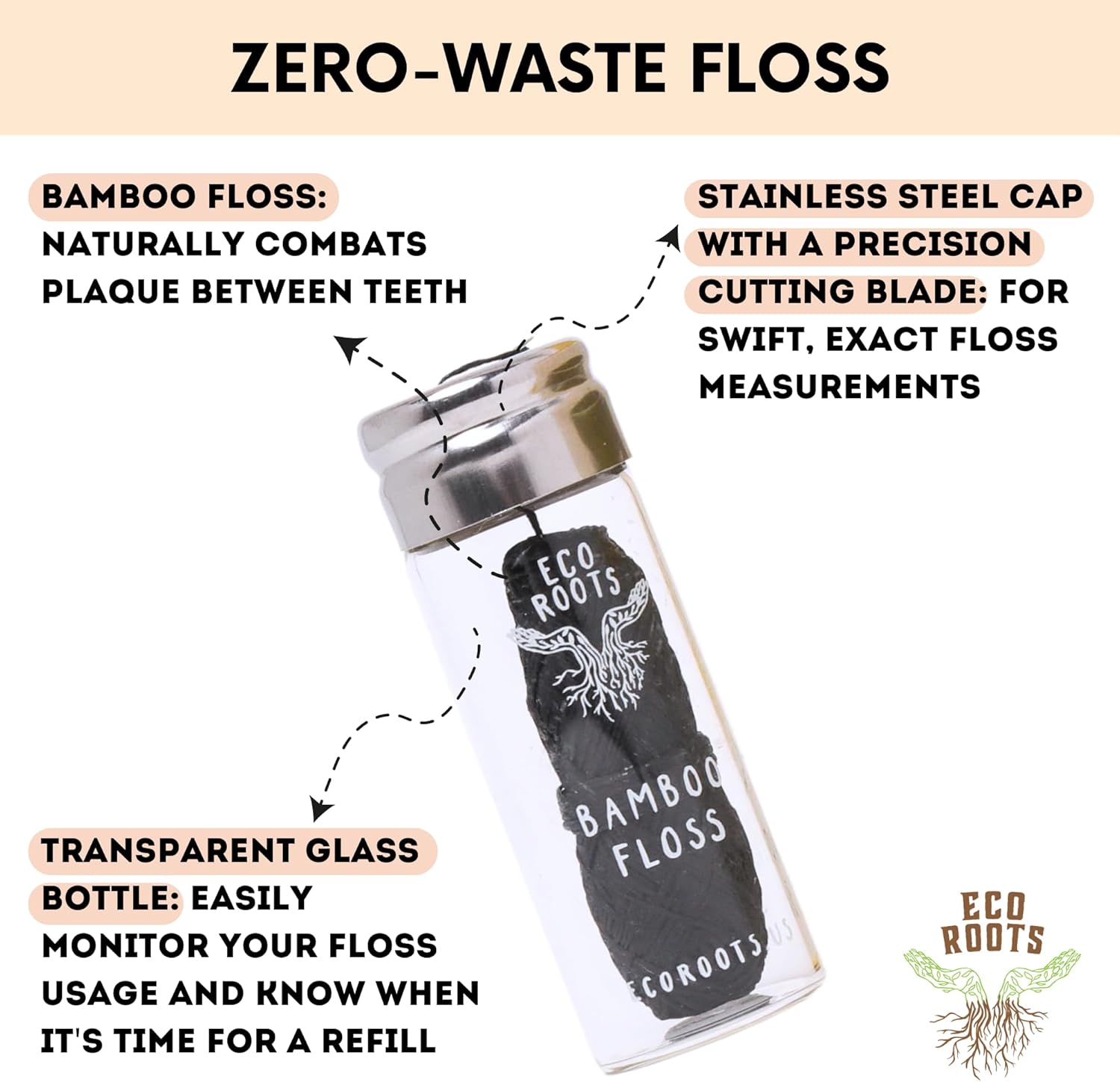 Natural Bamboo Dental Floss: 1 Refillable Glass Container + 3 Biodegradable Bamboo Floss Refill (33 Yards Each), Eco-Friendly, Vegan, Non-Toxic Natural Floss - Refillable Zero Waste Black Thick Floss