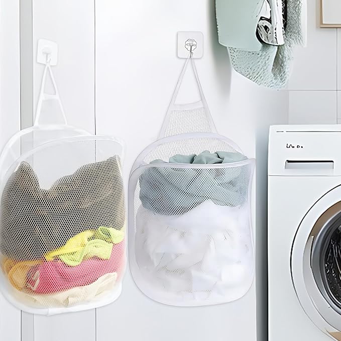 Mesh Collapsible Small Wall Laundry Baskets,3pcs Small Hanging Laundry Bag with Handle Portable Foldable Hamper for Hotel, University Dormitory Room Bathroom Travel Storage