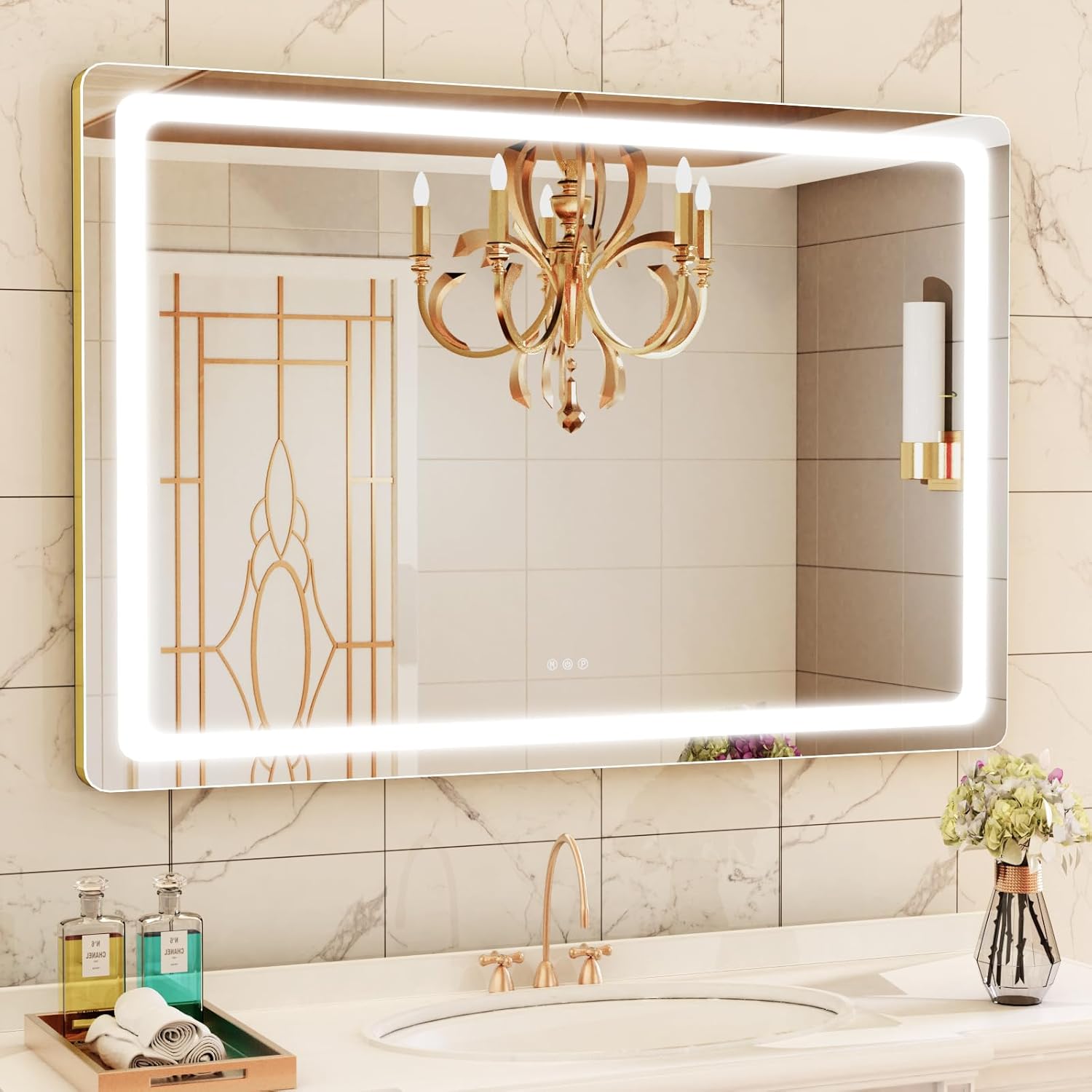 Vanity Mirror with Lights, 28" x 22" LED Makeup Mirror, Lighted Makeup Mirror with 10X Magnification,Dimmable 3 Modes, Touch Screen Control Vanity Mirror Round Gold