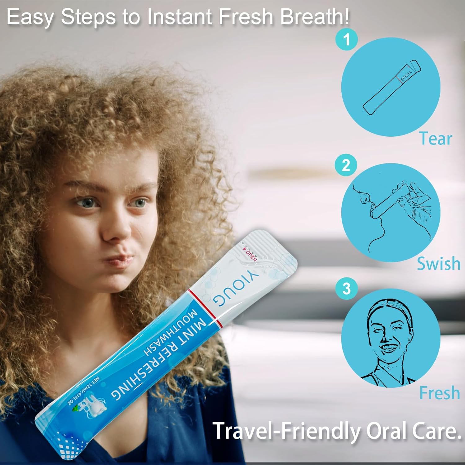 Travel Mouthwash Packets to Go, Alcohol Free, Mint Mouth Wash for Adults, Long-Lasting Freshness - 20 Individually Wrapped Mints & Breath Strips with Xylitol, Purse Mini Essentials