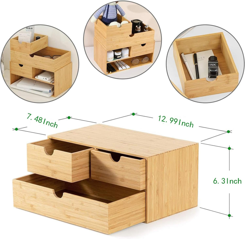 Wisuce Bamboo Desk Organizer - Mini Desktop Drawer Tabletop Storage Organization Box for Office Home Toiletries Supplies, No Assembly Required (3 Drawer)