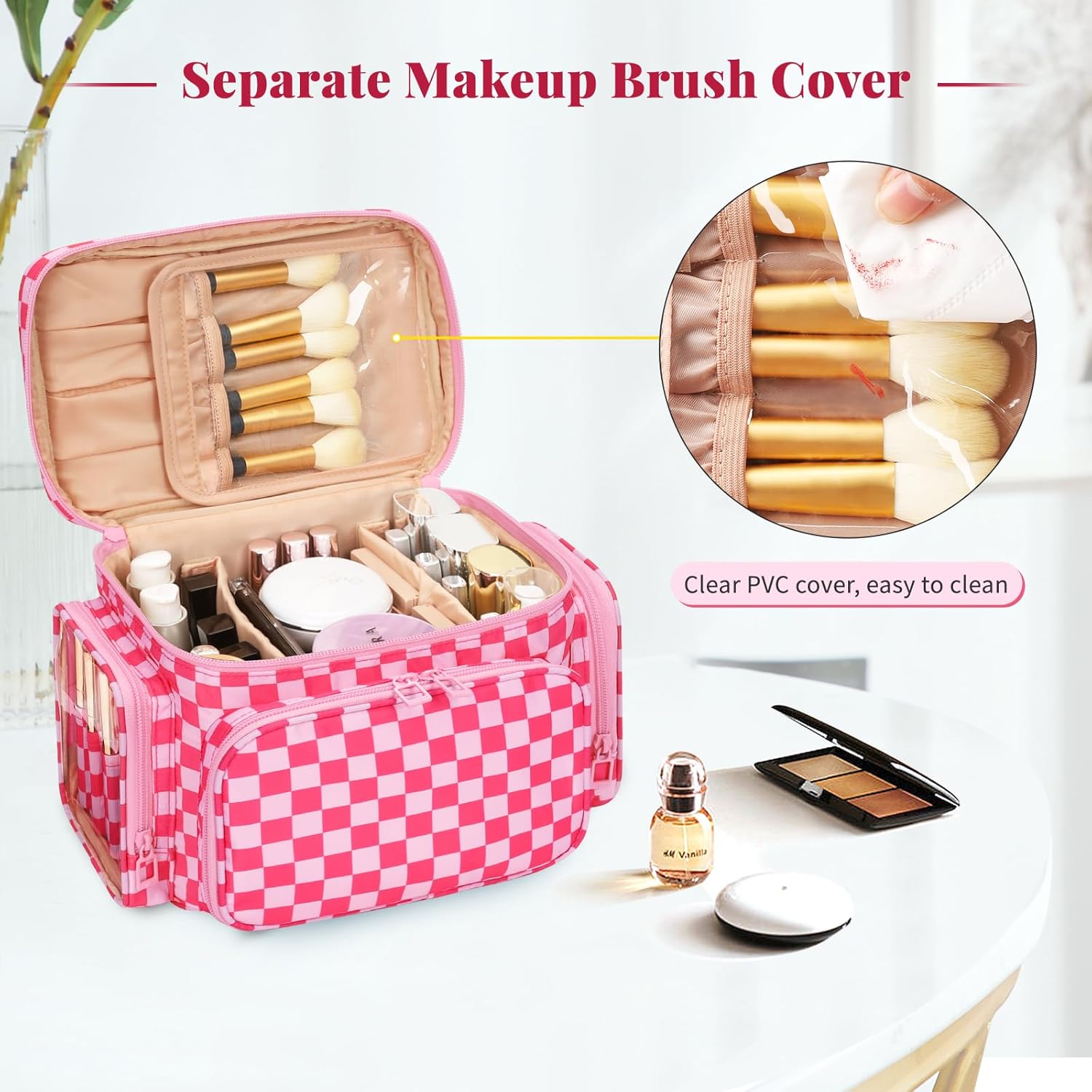 Large Checkered Makeup Bag, Travel Makeup Bag Organizer for Women Girls with Makeup Brush Compartment & Two Side Pockets, Cosmetic Travel Bag Vertical Storage Toiletry Bag- Hotpink