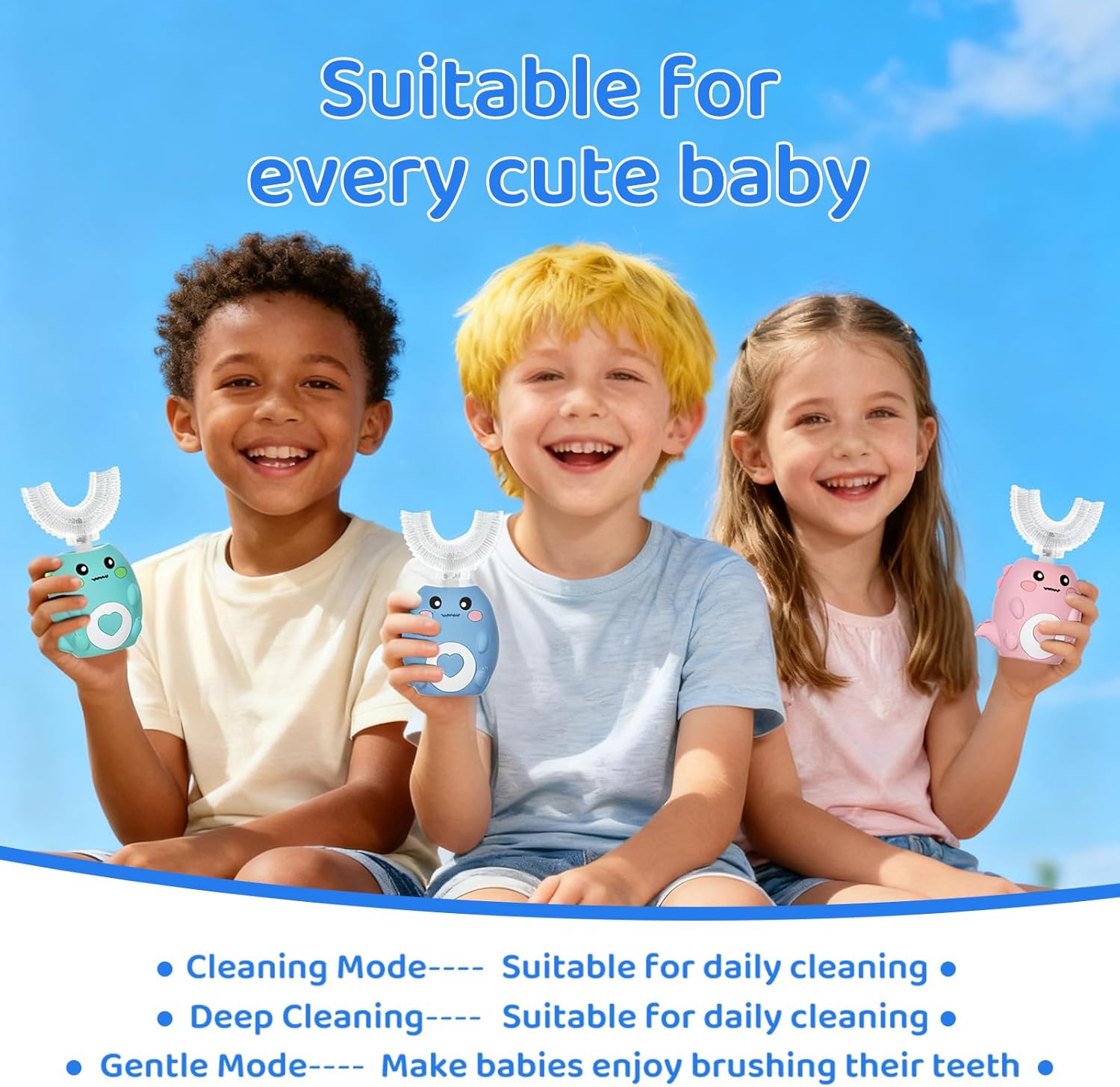 Kids U Shaped Electric Toothbrush, with 3 Cleaning Modes, with 4 Brush Heads, 360° Sonic Automatic Toothbrush, IPX7 Waterproof Cartoon Dinosaur Design (Ages 2-12)