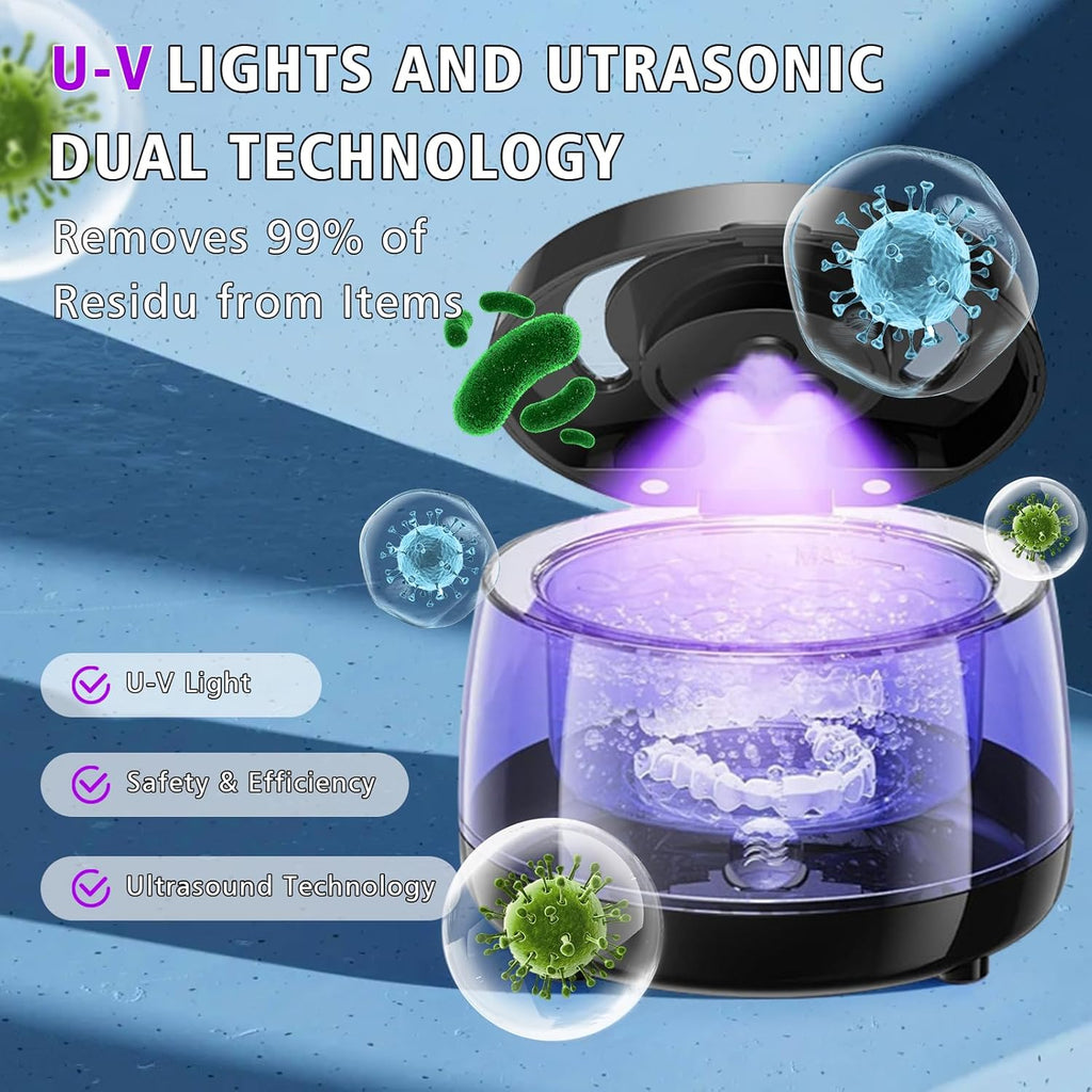 Ultrasonic Retainer Cleaner, 43kHz Ultrasonic Denture Cleaner Jewelry Cleaning Machine Eyeglass Cleaner for Watches Dentures Ring Razor Makeup Brush